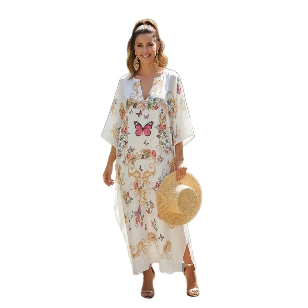 Bellagio Las Vegas Butterfly Floral Kaftan Maxi Dress Resort Cover Up Boho chic
